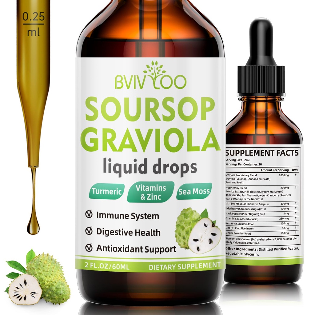 Soursop Graviola tekoče kapljice - 2000mg Pure Soursop Extract Pomešan s 300mg Morje Moss & 100mg Elderberry - Močna podpora celic, antioksidant-Rich, Imuno-Boosting - 2 Fl Oz (60ml) steklenica
