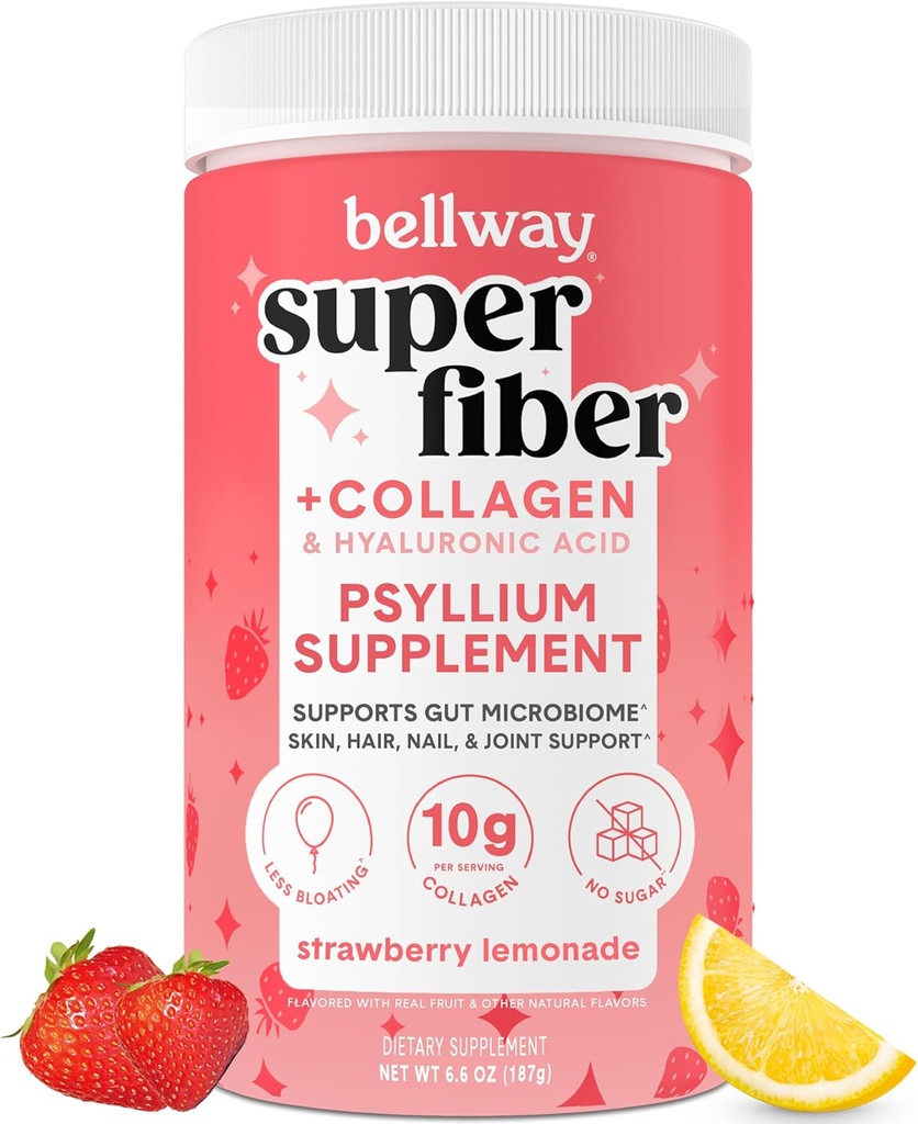 Bellway Super Fiber Powder + kolagen, brez sladkorja Psyllium Husk Powder s kolagen peptidi in hialuronsko kislino za zdravje črevesja, zdravo kožo, nohte, kosti in sklepe, jagodna limonada (11 serving)