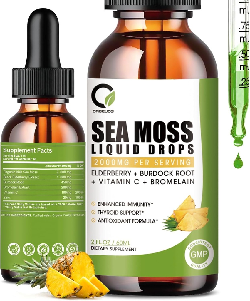 Sea Moss Drops 2000mg, Irish Sea Moss dodatek podpira Immuniteta, z Black Elderberry, Burdock Root, Bromelain, Vitamin C & cink, 2 Fl.Oz, Ananapple Flavor