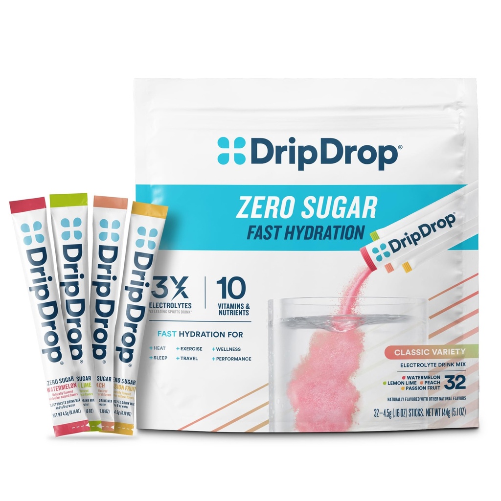 DripDrop Sugar Free Hydration Packets - Zero Classic Variety Pack - Enodelni servo Elektroliti v prahu pijača Mix - limonina limona, lubenica, Breskev, Passion Sade - Non-GMO, Gluten Free, Vegan - 32 palic