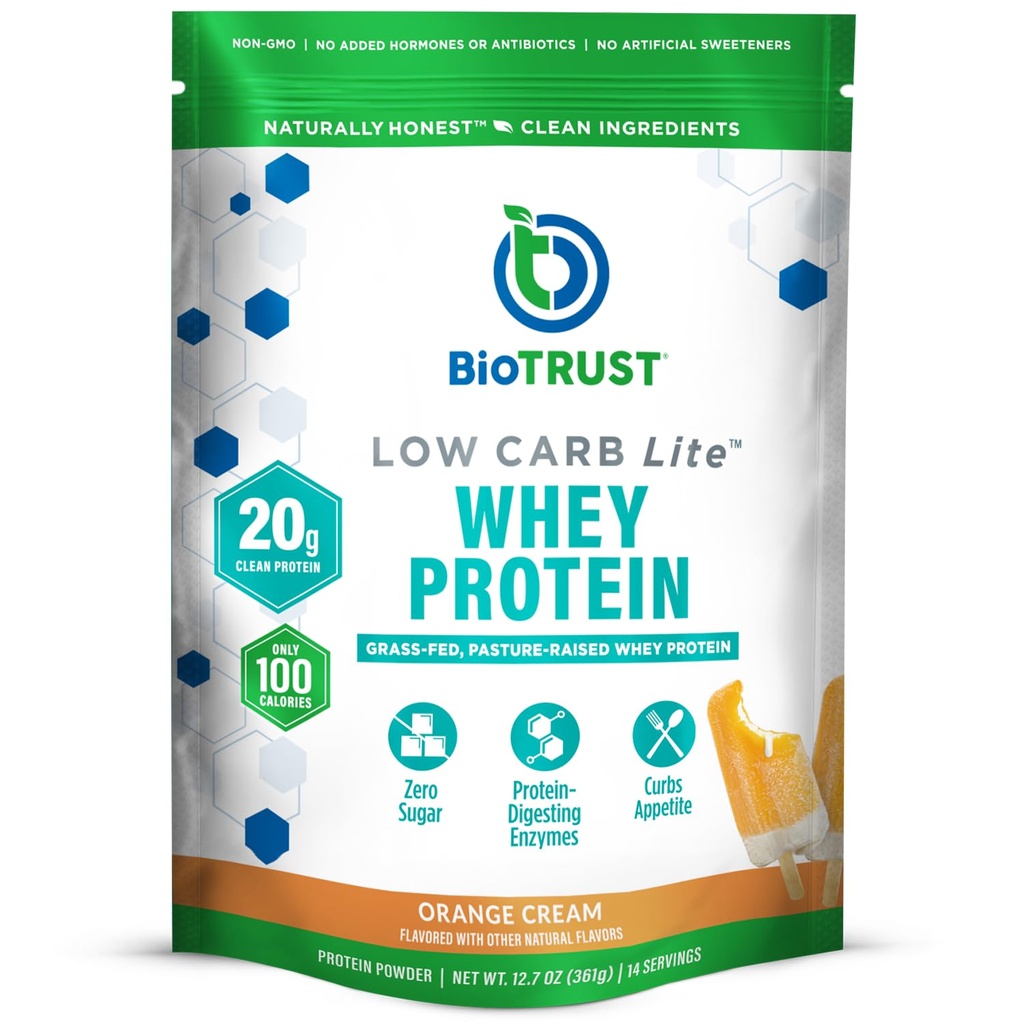 Biotrust Low Carb Lite, 20 Gram sirotkinega izolata, 100 kalorij, ProHydrolase Digestive Enzymes, Non-GMO, brez soje in glutena, rBGH-free (14 servingov) (oranžna krema)