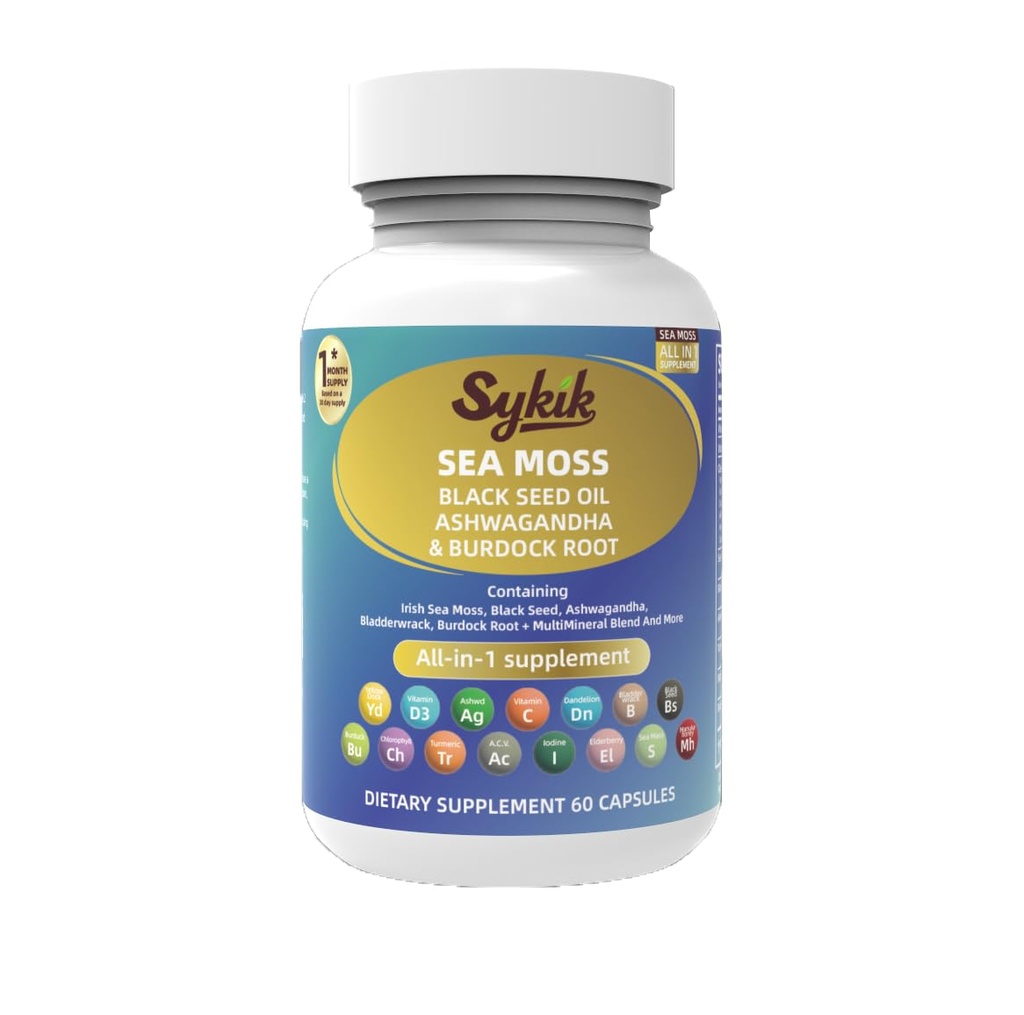 Sykik Sea Moss Black Seed Oil with Ashwagandha, Turmeric, Bladderwrack, Burdock, Vitamins C & D3, Elderberry, Manuka, Dandelion, Yellow Dock, Iodine, Chlorophyll, ACV, 60 Capsules