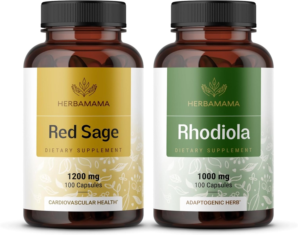 HERBAMAMA Red Sage in Rhodiola Kit - paket 1200 mg Red Sage Dan Shen & 1000 mg Rhodiola Rosea Kapsule - Vegan, ne-GMO, sladkor in želatina brez - 2 pakiranji