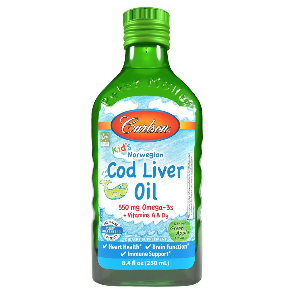 Carlson - Kid's Cod Jetra Oil, 550 mg Omega-3s, Plus Vitamini A in D3, Tekoča ribje olje, Divja ujeta norveška arktična trska, Trajno pridobljeno nordijsko ribje olje, Zelena Apple, 250 ml (8,4 Fl Oz)