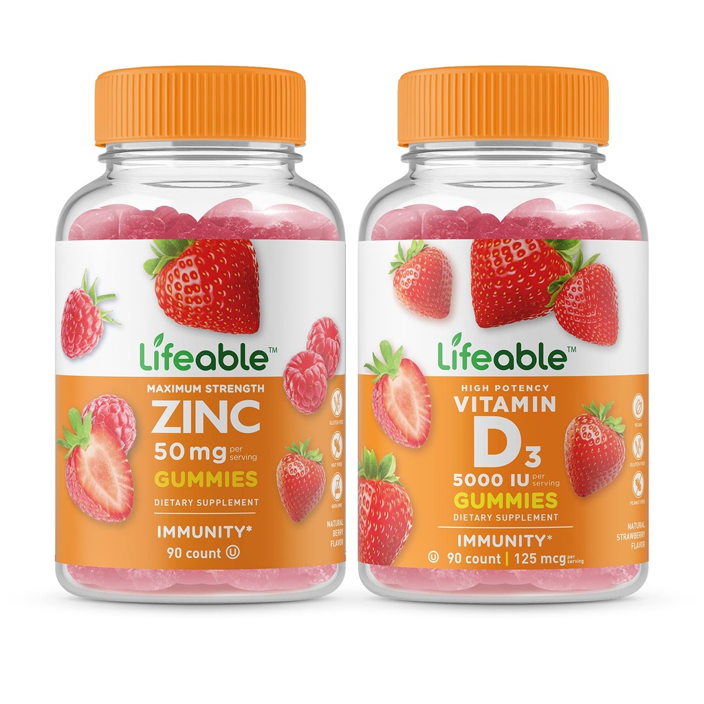Življenjski cink 50mg + vitamin D 5000 i.e., Gummies Bundle - odličen okus, Vitamin dodatek, Gluten brezplačno, GSO brezplačno, žvečljivi gumi