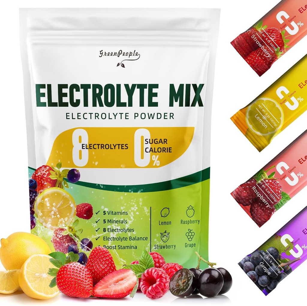 GREENPEOPLE elektroliti v prahu brez sladkorja - brez sladkorja Hidracija Elektrolitski paketi - sadne arome Elektrolitski napitek Miks - 8 Elektroliti 5 Vitamini in minerali Veganske ne-GMO 16 palice