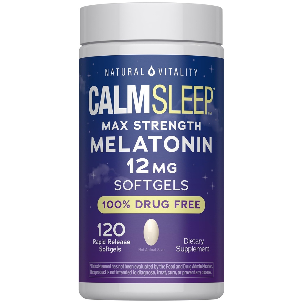 Natural Vitality Melatonin Softgels | 12mg Maximum Strength Supplement | 100% Drug Free | 120 Count