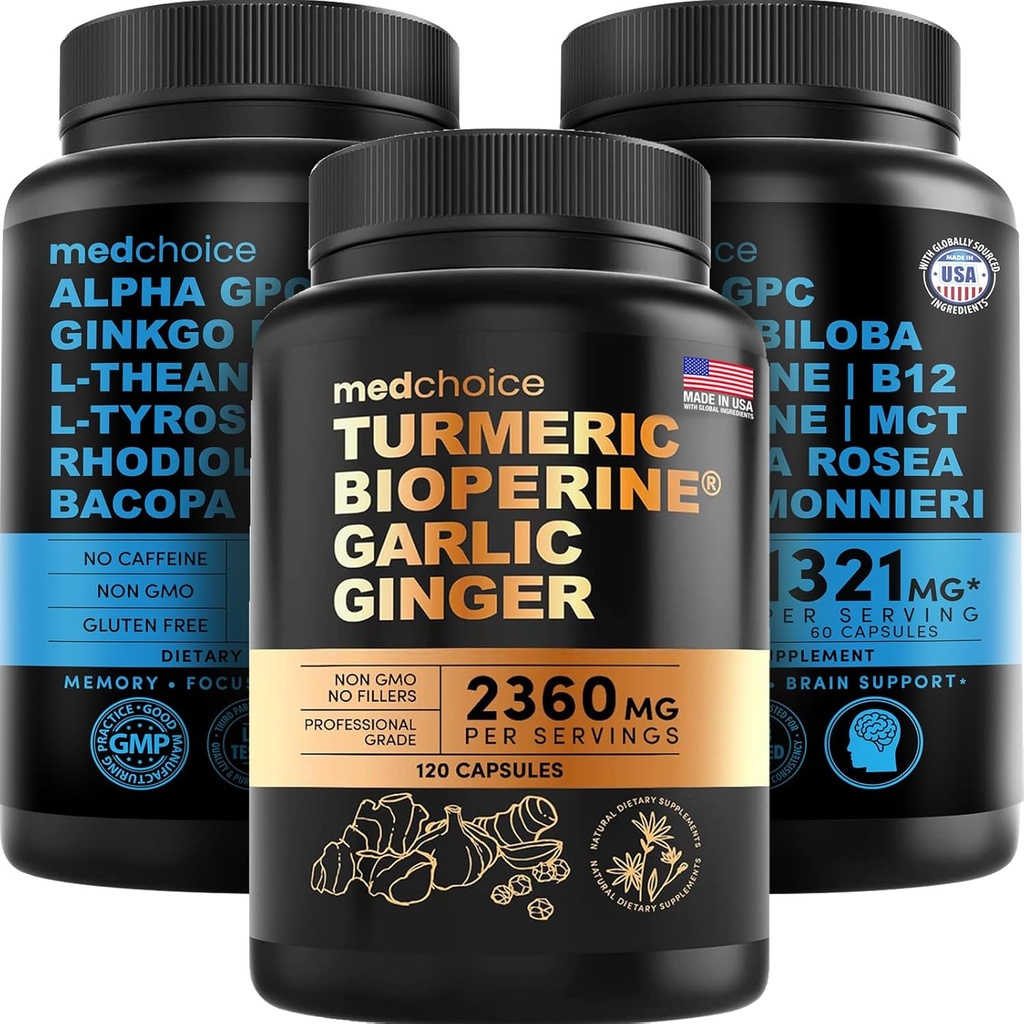 MEDCHOICE Turmeric & Ginger (120ct) in Nootropic Brain (120ct) dodatek Bundele - Wellness Duo za skupno, Digestion, Brain, & Mood Podpora - Vegan, Ne-GMO, Gluten-free