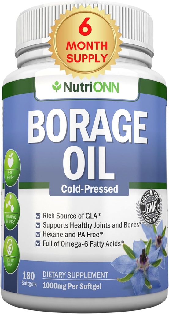 Borage Oil - 1000 mg - 180 Softgels - hladno stisnjeno visoko GLA Borage Semena olje - Hexane in PA brezplačno - Super za kožo, lase in kosti.