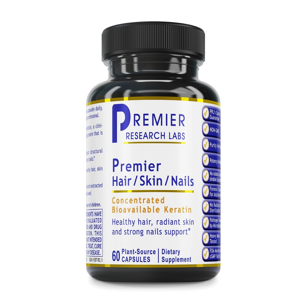 Premier Research Labs Premier Hair/Skin/Nails - Doplačilo za rast las za ženske in moške s keratin, Vitamini za rast las, Lepota od znotraj za lase, kožo in nohte - 60 Vegetarijanske kapsule