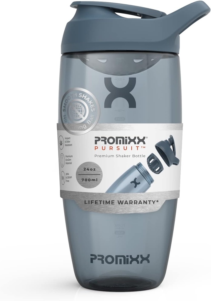 Promix Pursit Protein Shaker Steklenica (24 oz) – Tihi brez-Ball mešalnik, Leak-Proof Lid, BPA/BPS & Phthalate-free ECOZEN – Easy-Clean Shaker Cup za stresanje beljakovin, Pre & Post-workout napitki
