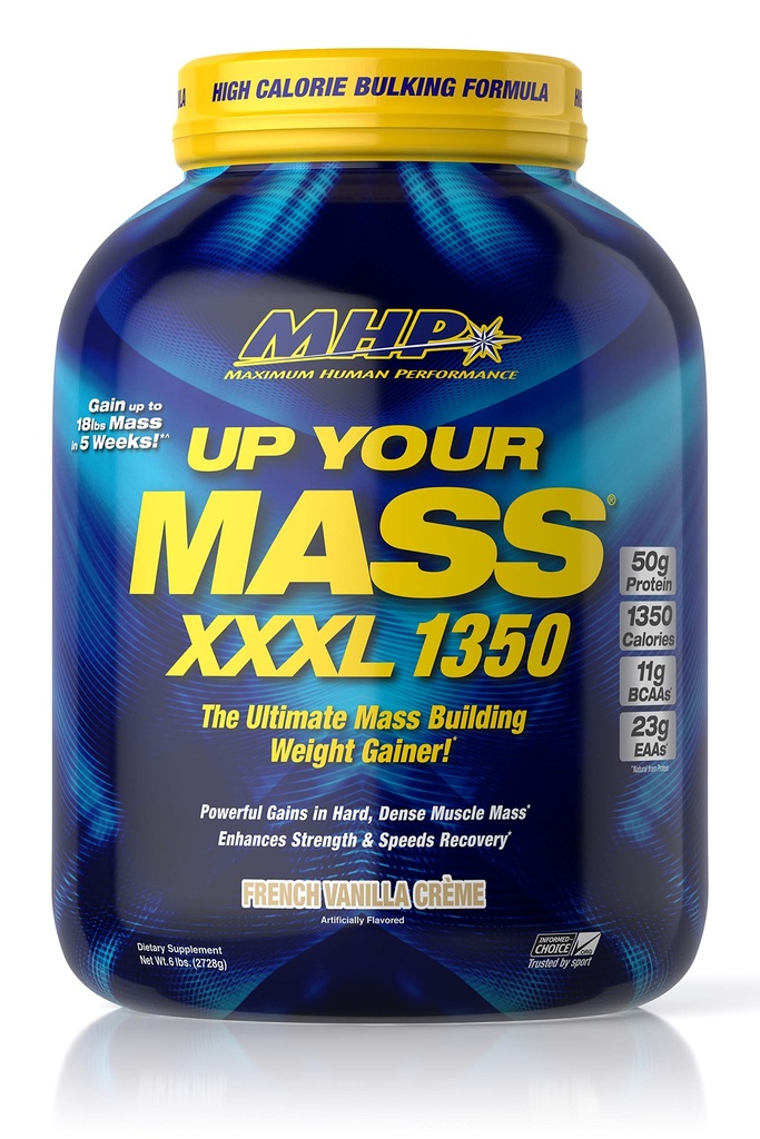 Največja zmogljivost človeka MHP UYM XXXL 1350 Mass building Gainer, Muscle Mass Gains, w/50g beljakovine, visoke kalorije, 11g BCAA, Leucine, francoska Vanilla Creme, 8 Servings