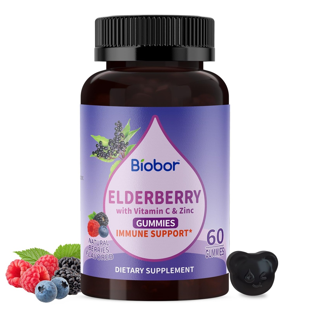Naravni črni jagodičevje Gumies 150mg, Izvleček jagodnega sadja z vitaminom C in cinkom, Herbal ElderCraft® Gumies Daily Imunska podpora za otroke in odrasle, 60 Število