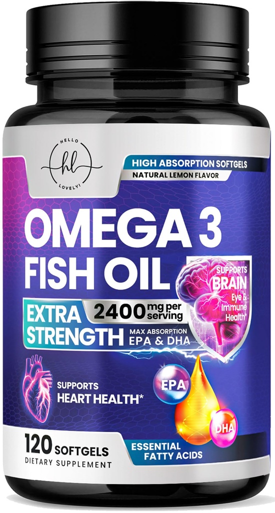Omega 3 ribje olje dopolnila 2400mg - Trojna moč Omega 3 Maščobne kisline, naravno zdravje srca Možgani in skupni podpora - Maščobne kisline z EPA & DHA - Wild Caught ribje olje dodatek - 120 Softgels