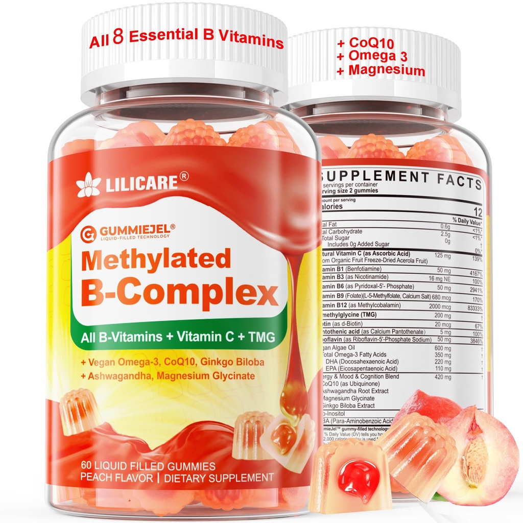 Super metilirani vitamin B kompleksni žvečilni gumiji - vsi B vitamini + Omega-3, magnezij, CoQ10, Ashwagandha,Vitamin C, TMG- za ženske moški- metil B12 2000 mcg, metilfolat, B1,B2, B3,B5,B6,B7- Sladkor brez sladkorja