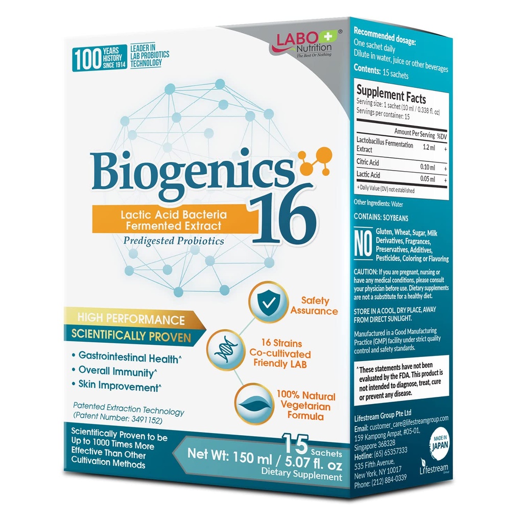 LABO Nutrition Biogenesis 16-laktična kislina Bakterija Fermentirani ekstrakt, 1000x Učinkovitejša, Gut Health Support Beyond Probiotics & Prebiotics, Izboljšati črevesno kožo in imunskega zdravja, 10mlx15 vrečke