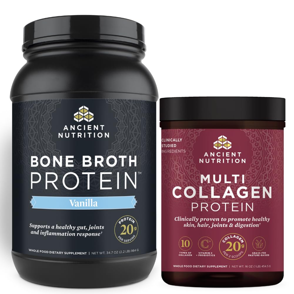 Ancient Nutrition Bone Broth Protein Powder, Vanilla, 40 Servings + Multi colagen Protein Powder, brez arome, 45 Serving