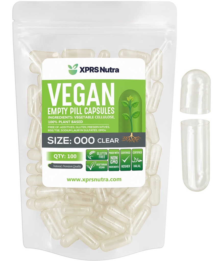 XPRS Nutra Vegan Velikost 000 praznih kapsul - 100 Štetje Prozorne prazne veganske kapsule - Vegetarijanske tablete - DIY Zelenjavna kapsula Polnjenje - Veggie Caps tablete