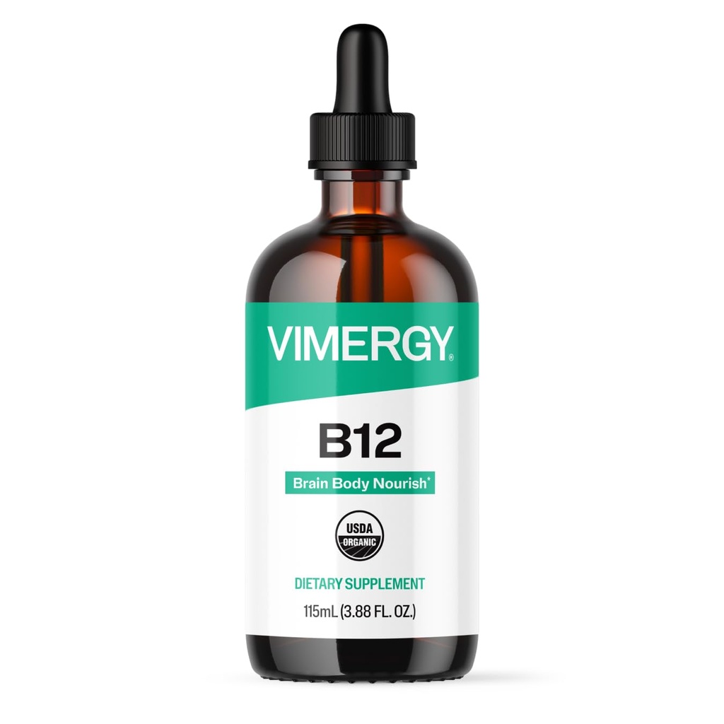 Vimergy Organski tekoči vitamin B12 dodatek 2500 mcg, metilkobalamin in adenosilkobalamin hitro absorbira energetsko podporo USDA Organic, Vegan, Non-GMO B12 Vitamini za ženske in moške 115 Serving (115 ml)