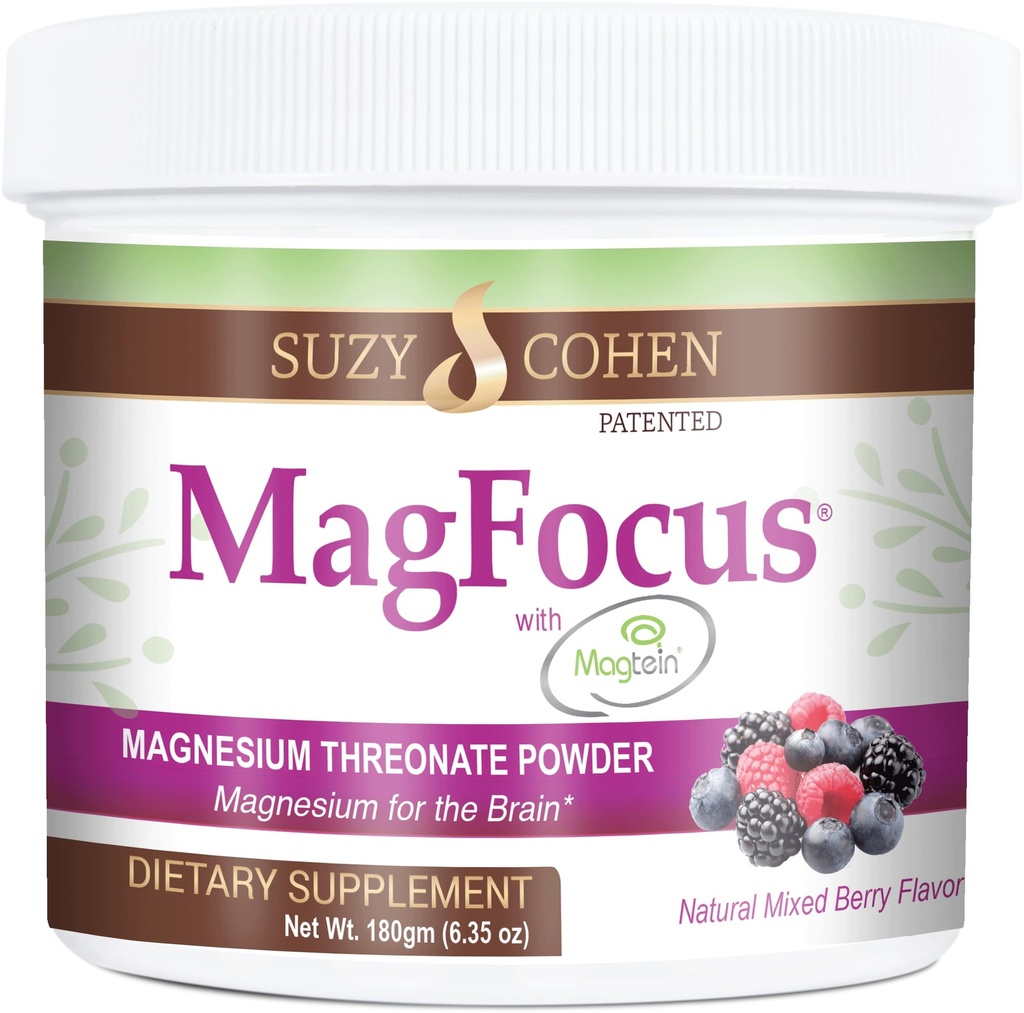 Suzy Cohen MagFocus Magnezijev L-treonat v prahu z magteinom (mešana jagoda) Plus Magnezijev glicinat za wellness, fokus in kognicijo - Gluten-free, ne-GMO, vegetarijanec (60 strežb)