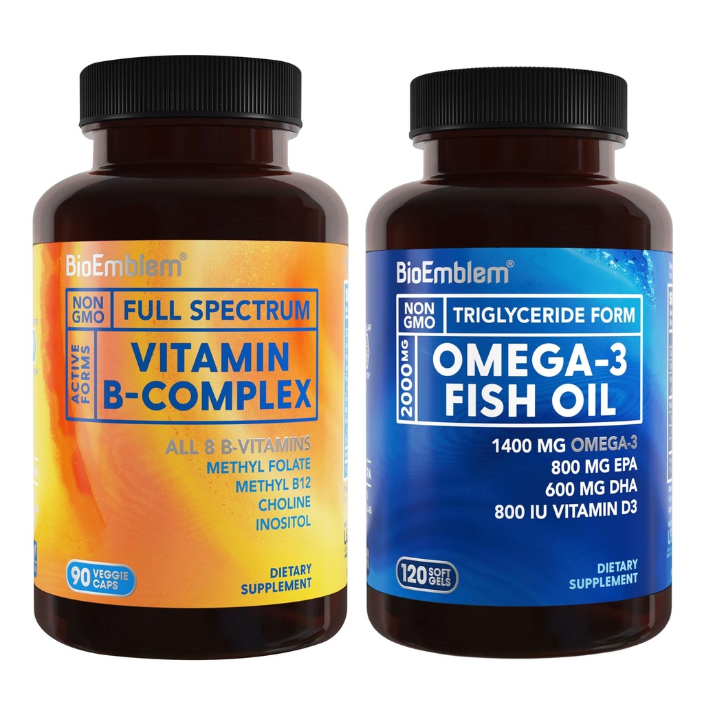 BioEmblem Vitamin B-Complex- All 8 Active Forms with Methyl Folate and Omega-3 Fish Oil 2000mg - Small Size Softgels