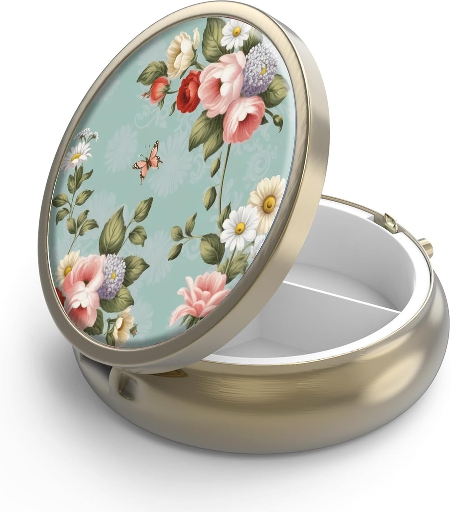 Zaboj za tablete z Mirror Retro 3 Kompartment majhne tablete Zabojnik za torbico ali žep bronaste majhne roudne tablete škatle ali vitamini, ribje olje, dodatki, tablete vsebuje potovalna darila( Retro Green Floral)