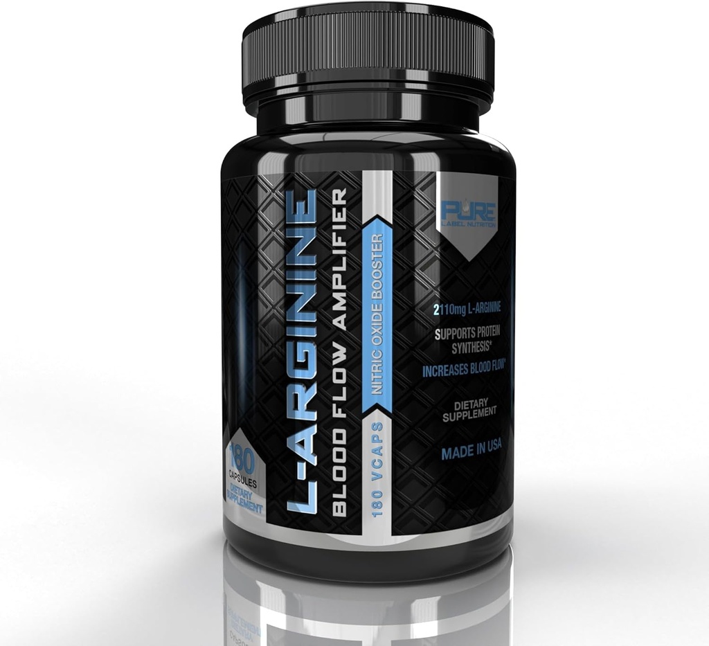 Pure Label Nutrition L Arginin Kapsule, Booster dušikov oksid, Aminokisline dopolnilo za moške in ženske, Pomaga graditi mišice in moč in povečanje energije, Podpora pretok krvi - 180 kapsul
