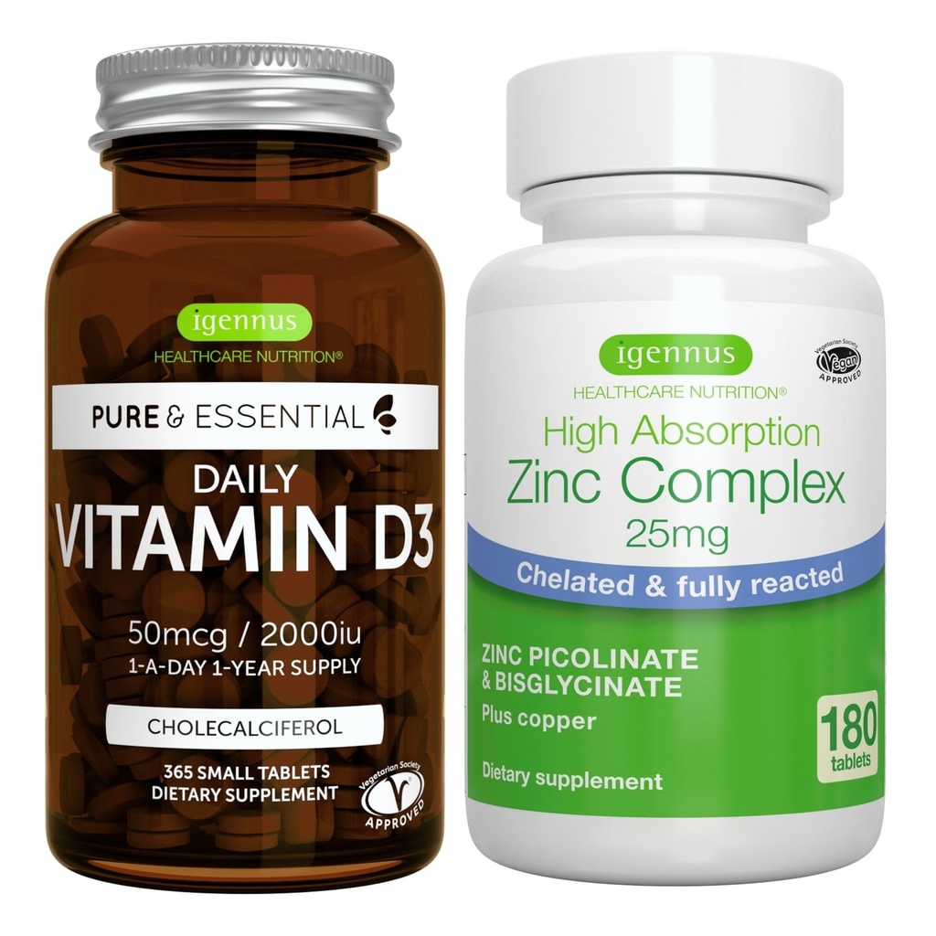 Dnevni vitamin D3 + cinkov kompleks vegetarijanski paket, 365 2000iu Vitamin D3 Tablete + 25mg kelirani cinkov pikolinat & biglicinat z bakrom, ki ga Igennus