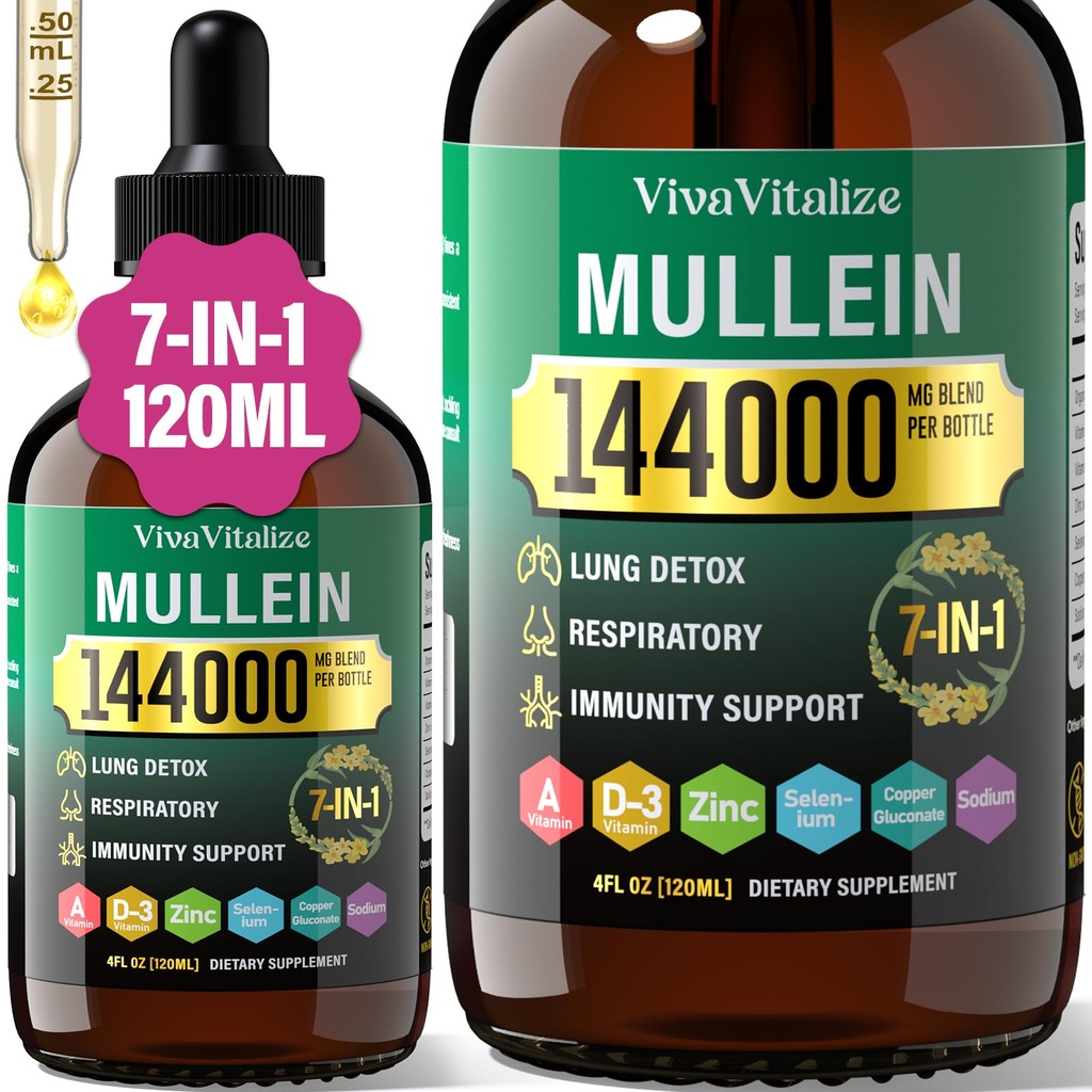 Mullein kapljice za pljuča,144000mg Mullein Leaf Extract za pljuča čiščenje in dihalne funkcije zdravo dihanje imunskega, prebavnega sistema, naravni zeliščni dodatek sladkor & alkohol brez,120-dnevno oskrbo