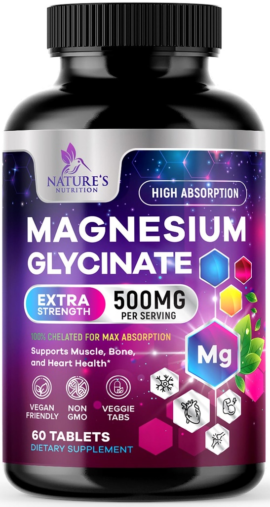 Magnezij Glycinate 500mg - klatiran za ultra Absorpcijo - podpira kosti, mišice, živci in zdravje srca, podpora za spanje narave, najboljše tablete magnezija za podporo celega telesa - 60 tablet