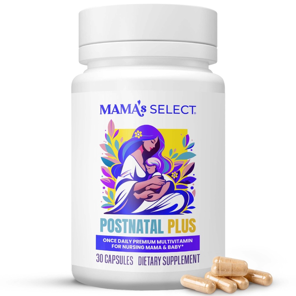 Mama's Select Postnatal Vitamini – Povečuje regeneracijo las, oskrbo z mlekom, & Wellness – Alergen-free, Vegan, MTHFR prijazno, Metilirani Folat & B Vitamini, Easy-to-Shallow, No Biotin - 30 kapsul