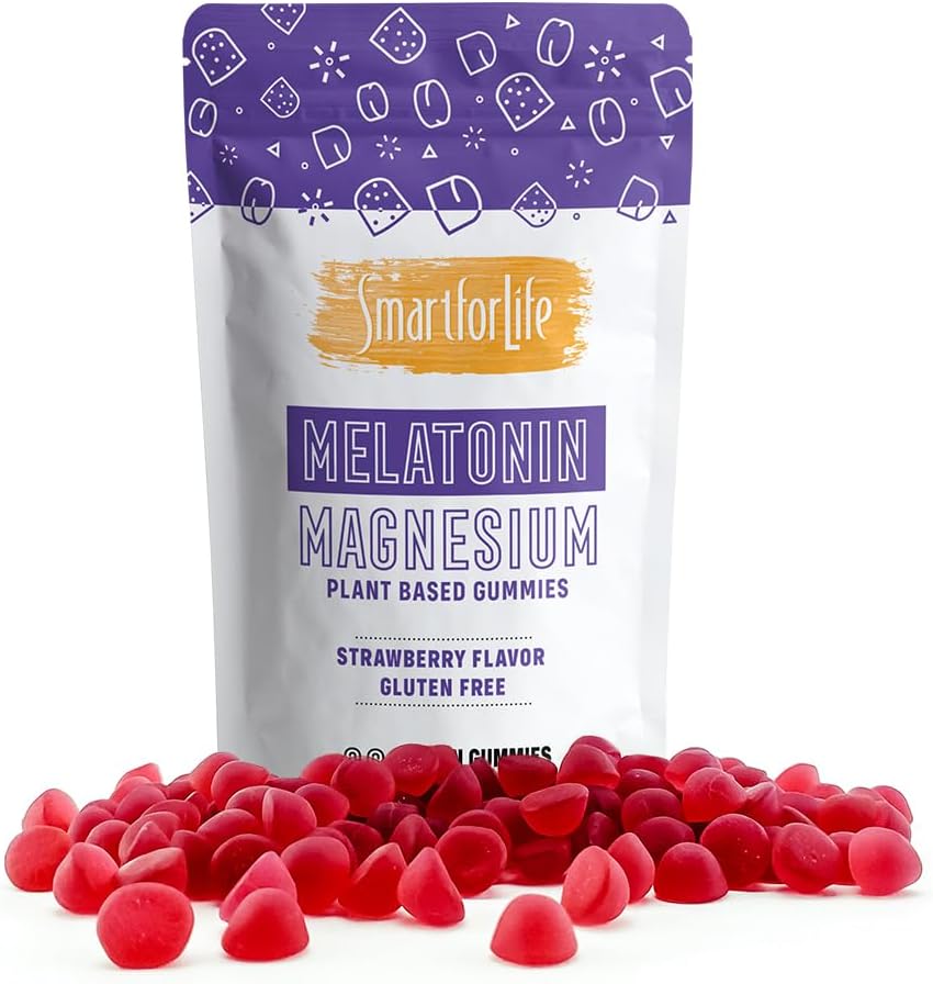 SMART ZA ŽIVLJENJE Melatonin Gumies 5mg W/Magnezij - 60 Štetje - Rastlinski vegan Melatonin Gumies - Jagodni okus spanja Gumies - Heart & Bone Health Dietni dodatek - Odrasli Melatonin Gumies