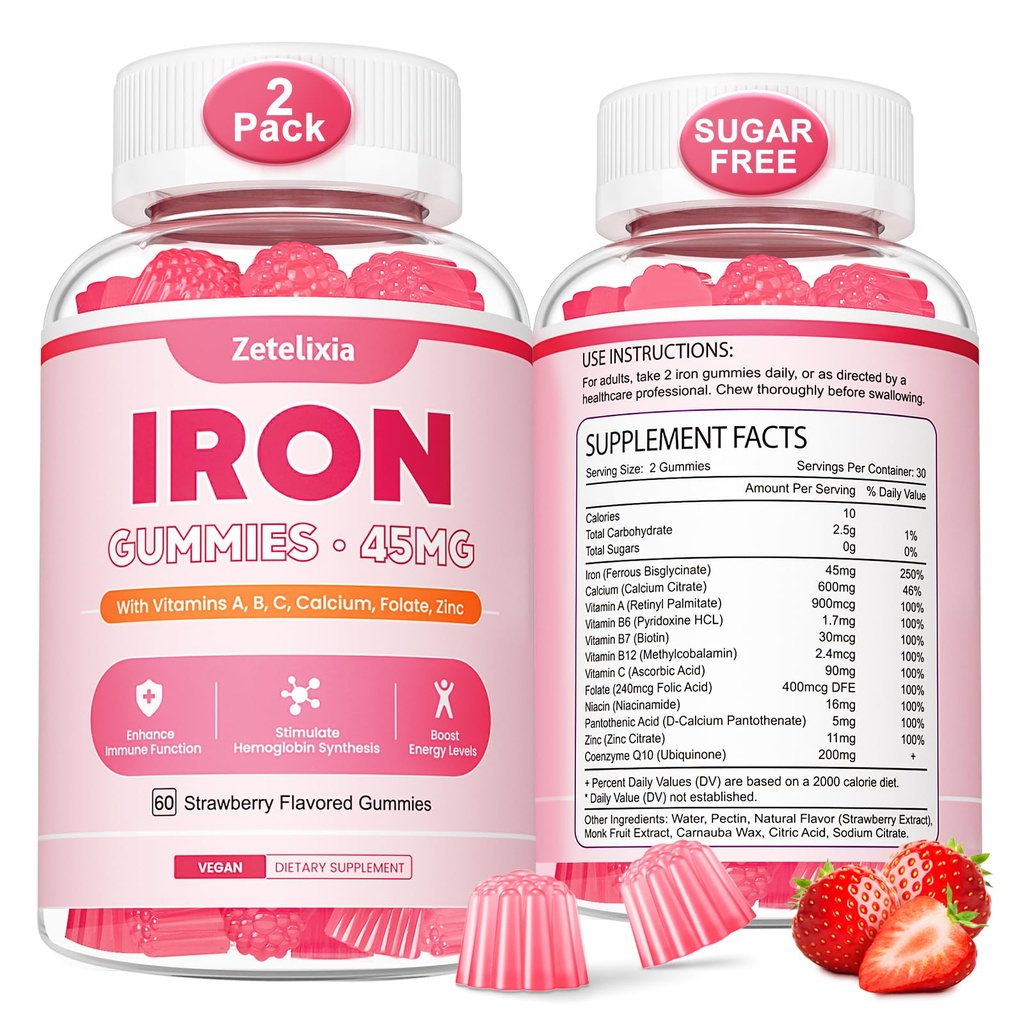 Vegan 2 Pack železovi dodatek Gumiji za ženske in moške, anemija, Blood Builder & Energy Podpora za pomanjkanje železa, z vitaminom C, A, B kompleks, Folate, CoQ10, sladkor brez, ne-GMO, 120 Count