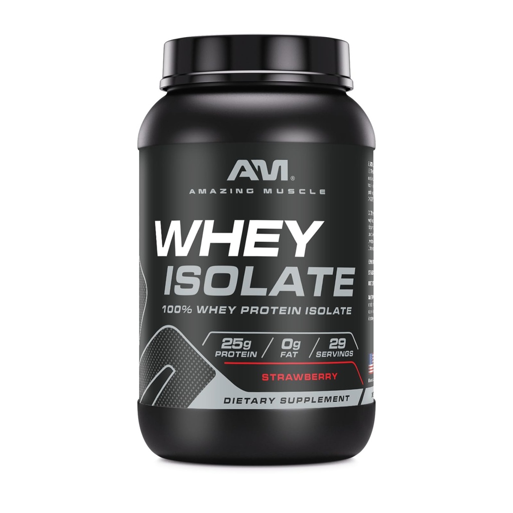 Amazing Muscle Whey Protein Isolate Powder | 25 Grams Protein Per Serving | 100% Whey Isolate | Zero Fat | Made in USA (Strawberry, 2 LB)