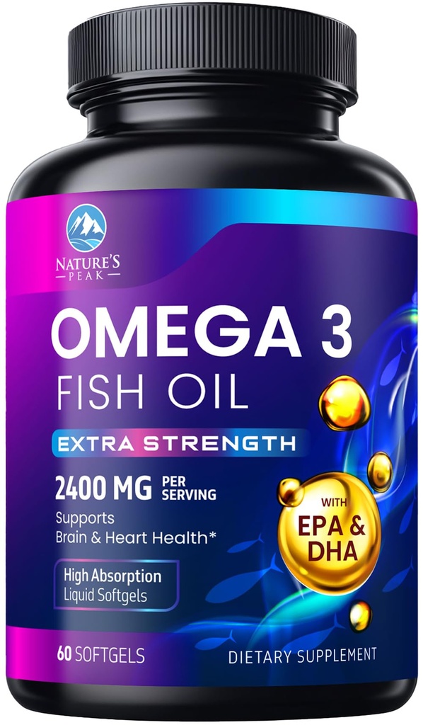 Omega 3 ribje olje 2400 mg Dopolnilo, Trajno izvorno, Trojno moč Omega-3 Dopolnilo Softgels, Podpora za zdravje možganov, EPA & DHA Ribje olje Maščobne kisline, Gluten & GSO brez, 60 Softgels