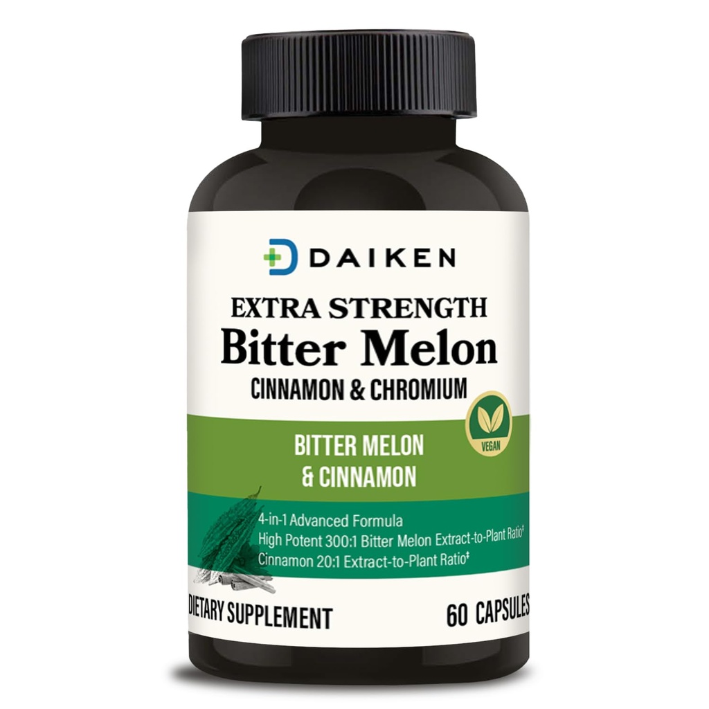 DAIKEN Bitter Melon, Cinnamon & Chromium, 90.000 mg ekvivalentna na serviranje ekstra moč, 100% vegetarijanska grenka melona kapsule s cimetovim kromom in cinkom, 60 kapsul