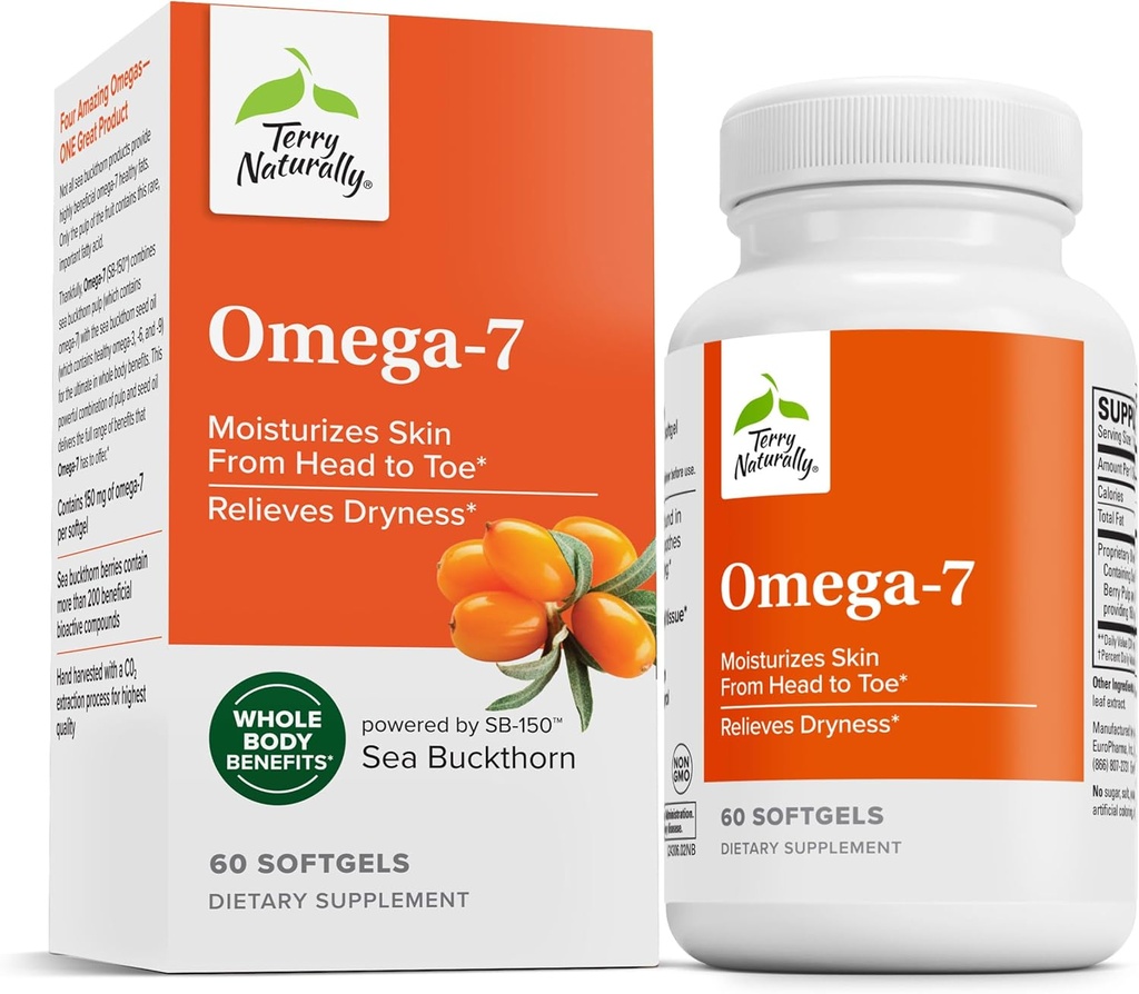 Terry Seveda Omega-7 - prehranska dopolnila z esencialnimi maščobnimi kislinami - prehranska dopolnila za podporo zdravju kože z Sea Buckthornom, Berry Pulp & Seed Oil - 60 Softgels (Pack of 2)