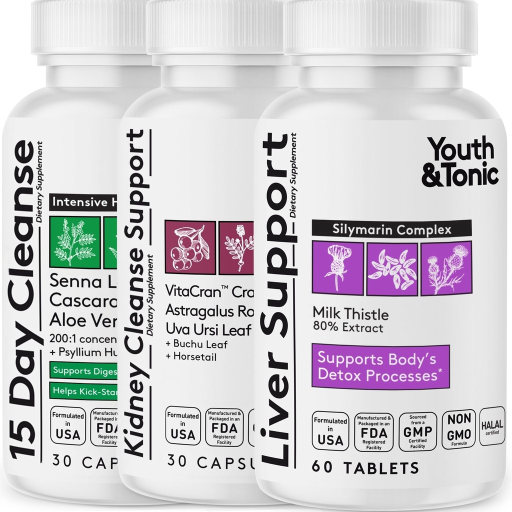 Youth & Tonic 3X Body Clease in Detox tablete za ženske in moške z jetra, ledvice, Colon dopolnila za podporo zdrave funkcije in za izgubo nezaželenih nečistoč in metaboličnih odpadkov. 120 kapsul