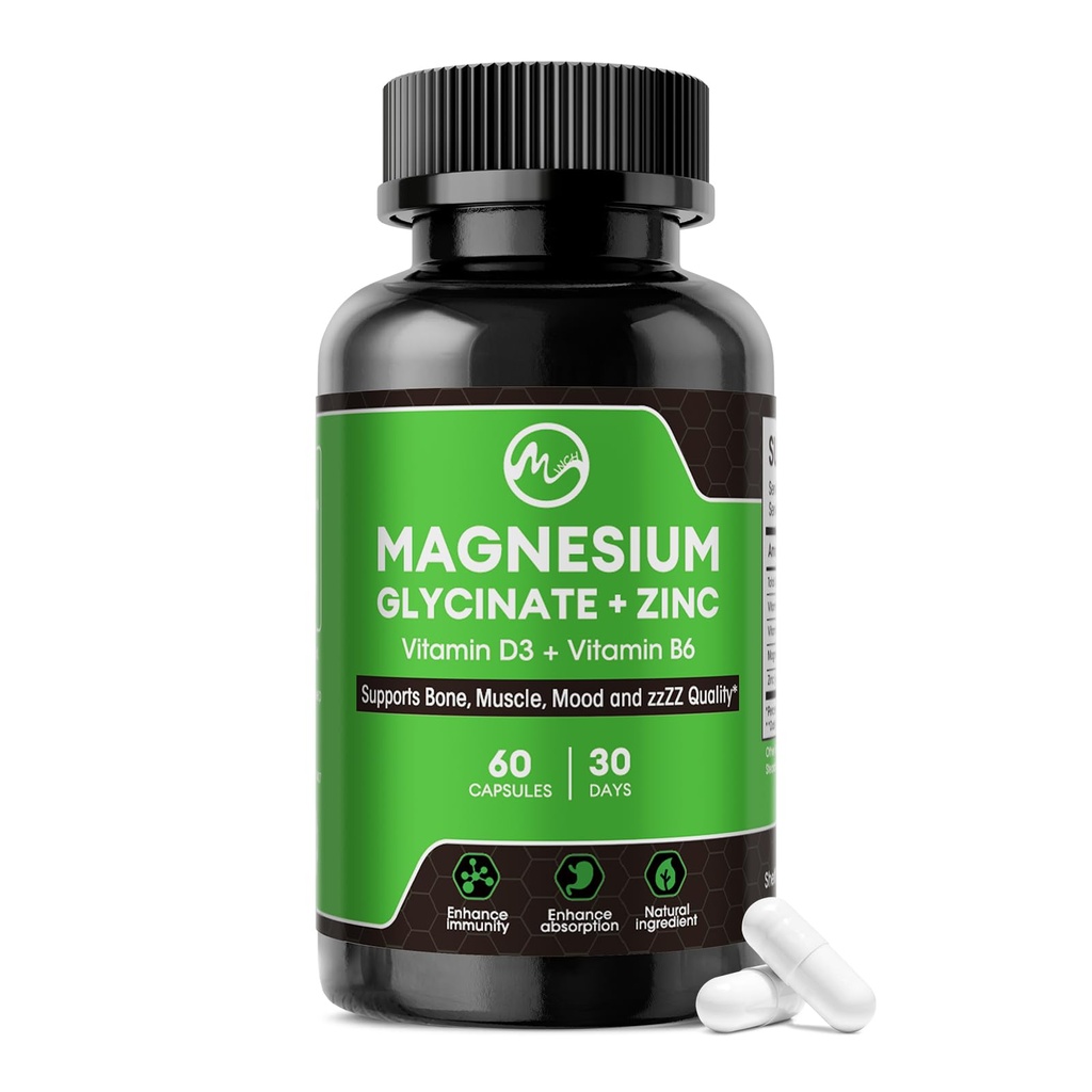 Magnezij Glycinate Kapsule, Magnezij Glycinate dodatek z cinkom, Vitamin D3 & B6 - Spodbuja živec, Bowel, Relaksacija funkcija - 60 Veganske kapsule