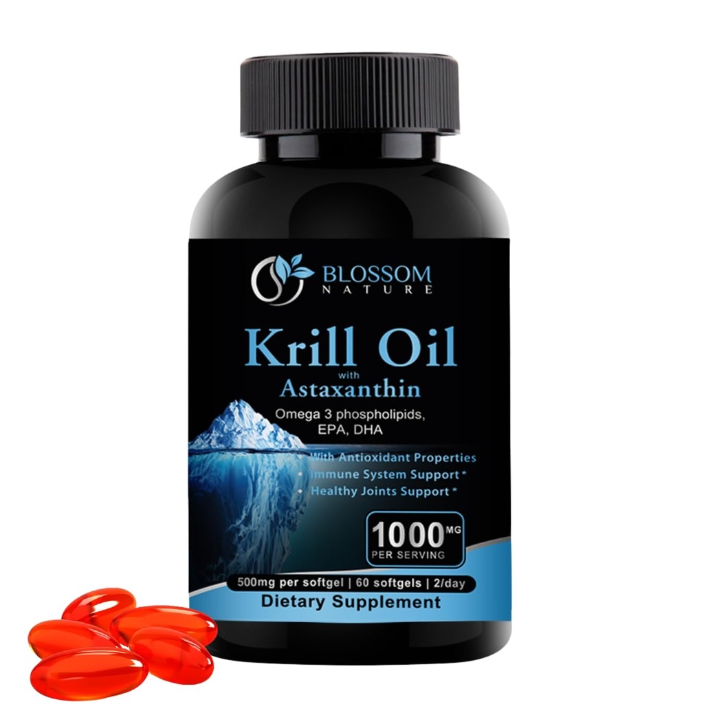 Antarktično olje krila 1000mg Mehkužci z astaksantin – Omega-3 EPA & DHA dodatek za srce, možgane in skupno zdravje v obliki fosfolipidov– 60 mehčalcev z vanilijo