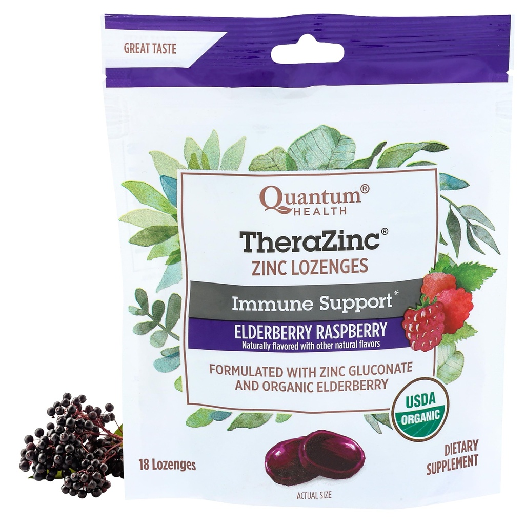 Quantum Health TheraZinc Organski cink Lozenges Bezgove jagode in med - Imunska podpora za odrasle in otroke 12+ Seveda aromatiziran malina hitro olajšanje brez pookusa - 18 grof