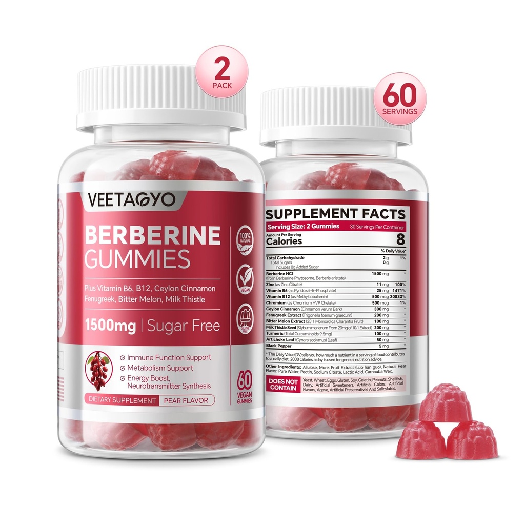 Berberine Dodatek 1500mg,Sugar Free Berberine s Ceylon Cimet Gummies,Chromium,Turmeric, Fenugreek za naravno presnovo uravnotežen, Berberine HCl iz indijske jagode ekstrakt, 120 Cts