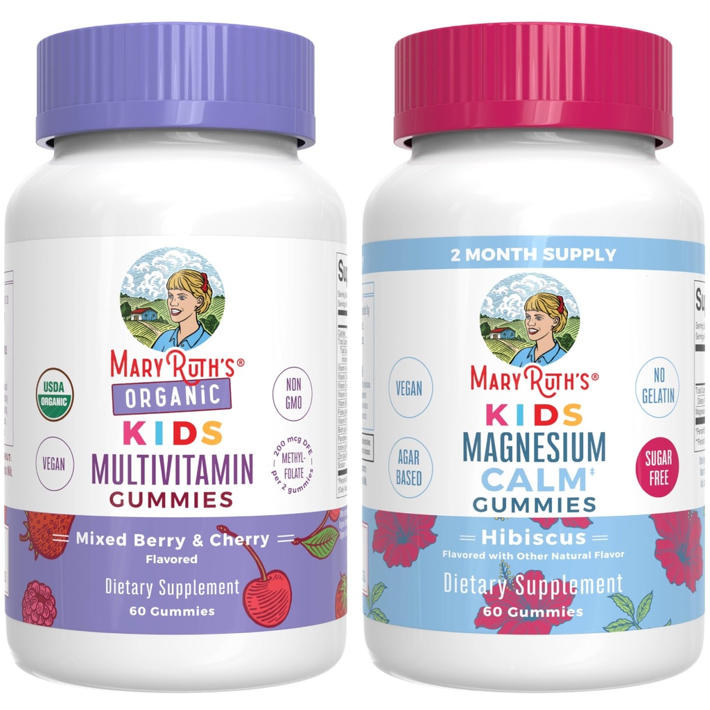 MaryRuth's Gummies for Kids–USDA Organic Multivitamin (Mexed Berry & Cherry), & Magnezij Calm (Hibiscus) 