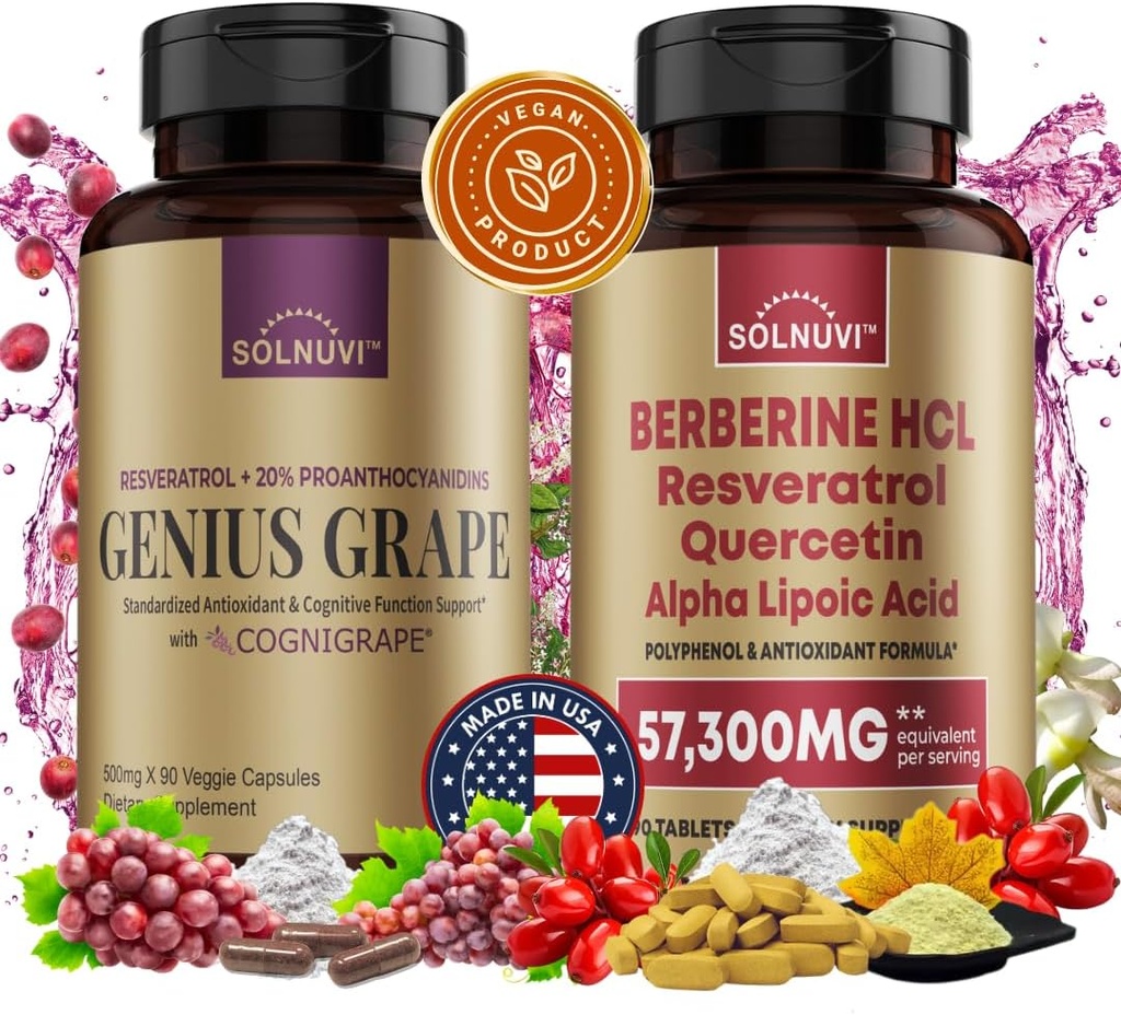 Neuro Defense Bundle: Berberine & Resveratrol Complex - Klinično preizkušena Cognigrape, Quercetin, Alpha Lipoic Acid - Brain Health & Antioksidant Podpora - Non-GMO, Gluten-free, Vegan dodatek