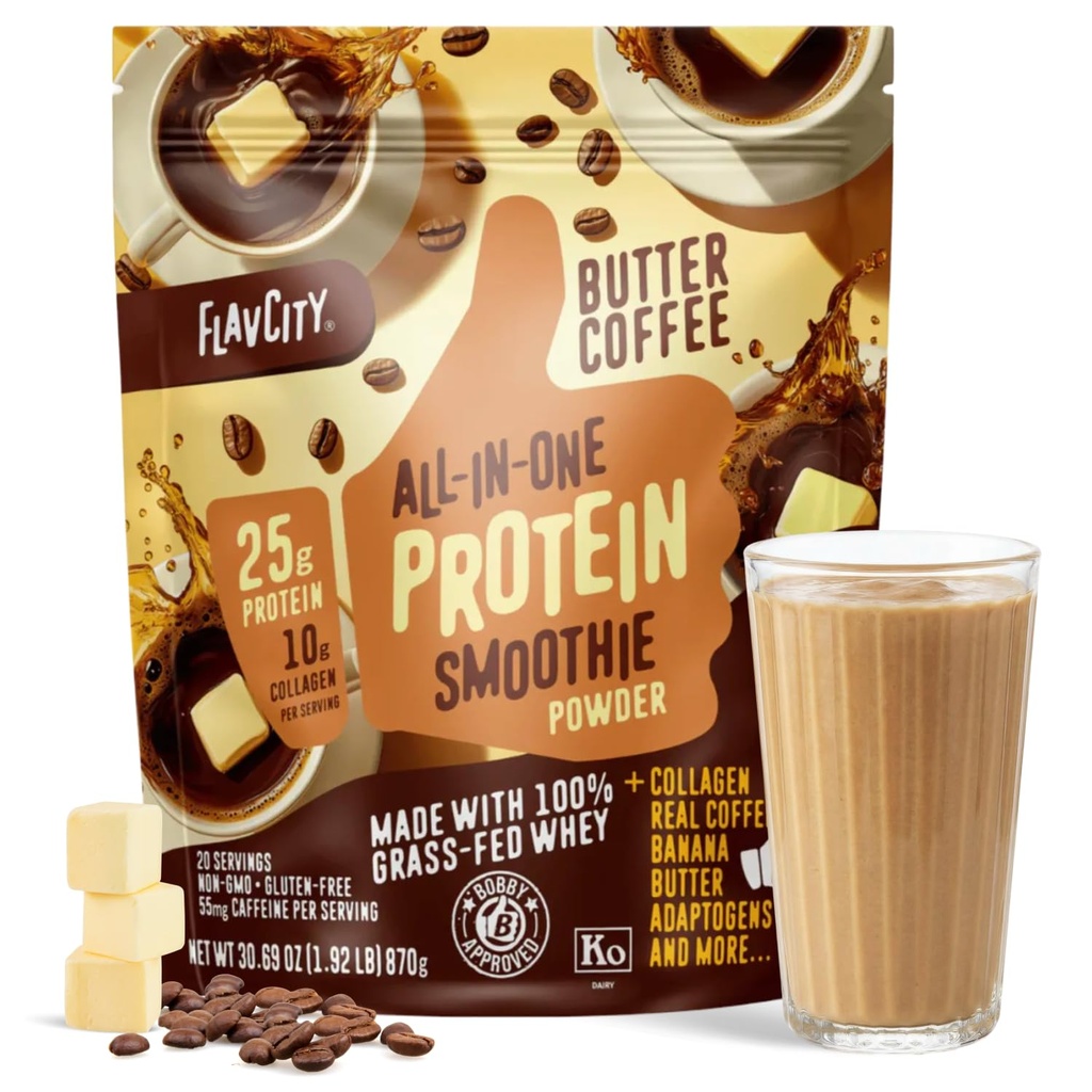 FlavCity Grass Fed Whey Protein Powder - Butter Coffee - 25g Protein, 10g Kolagen & 87mg Kofein - izdelan z organskimi Reishi & Cordyceps - Gluten brez dodanih sladkorjev (20 Servisi)