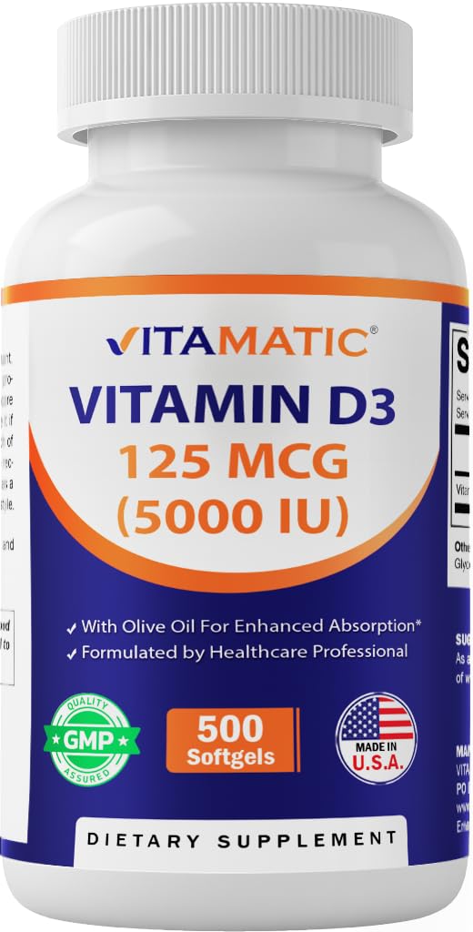 Vitamatski vitamin D3 5000 i.e. (125 μg) – 500 Mini softgels Oljčno olje na osnovi formule – Cold-Presed – 500-dnevna oskrba – Podpira zdravje kosti, mišic in imunskega sistema – Ne-GMO & Gluten-free