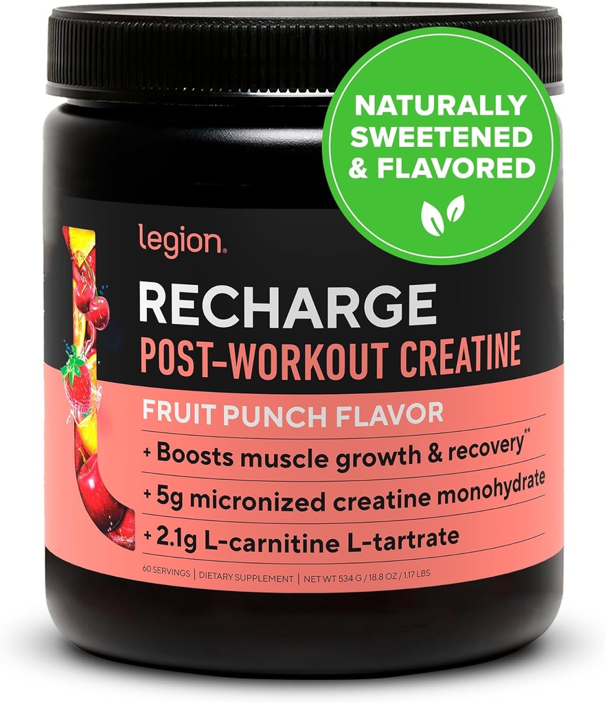 Legion Recharge Post Workout dodatek - All Natural Muscle Builder & recovery pijača s kreatin monohidrat. Seveda sladkano in okusno, varno in zdravo. 60 Serving. (Fruit Punch, 60 Servings)