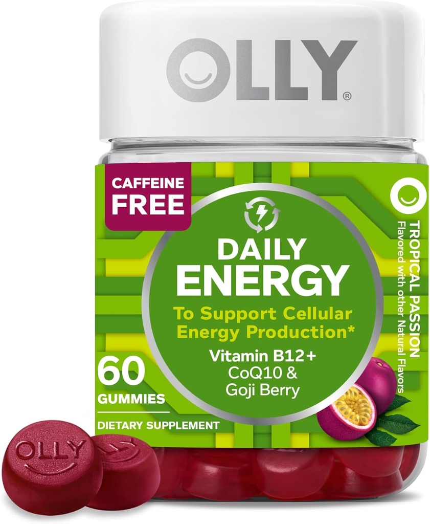 OLY Daily Energy Gummy, Caffeine Free, Vitamin B12, CoQ10, Goji Berry, odraslih žvečljivi dodatek, tropski okus - 60 Count