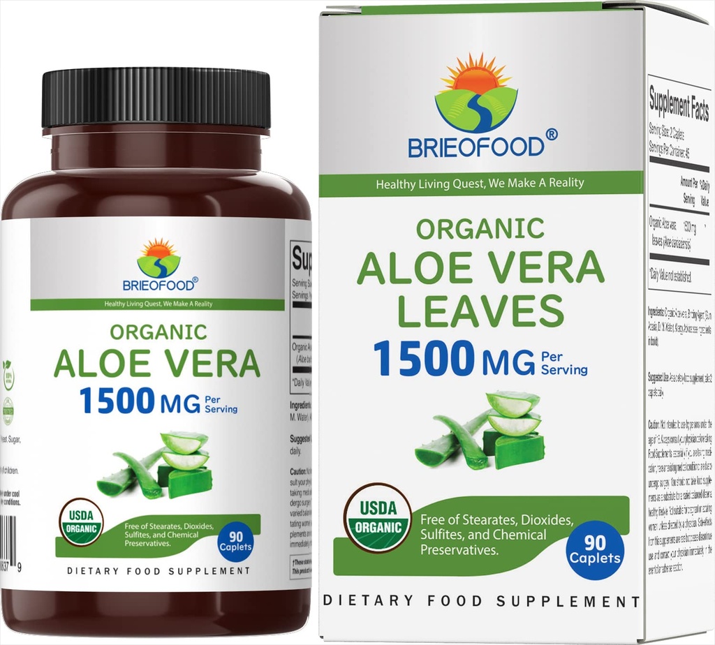 Brieofood Organic Aloe Vera 1500mg, 45 Služabniki, vegetarijanci, Gluten brez, 90 vegetarijanske tablete