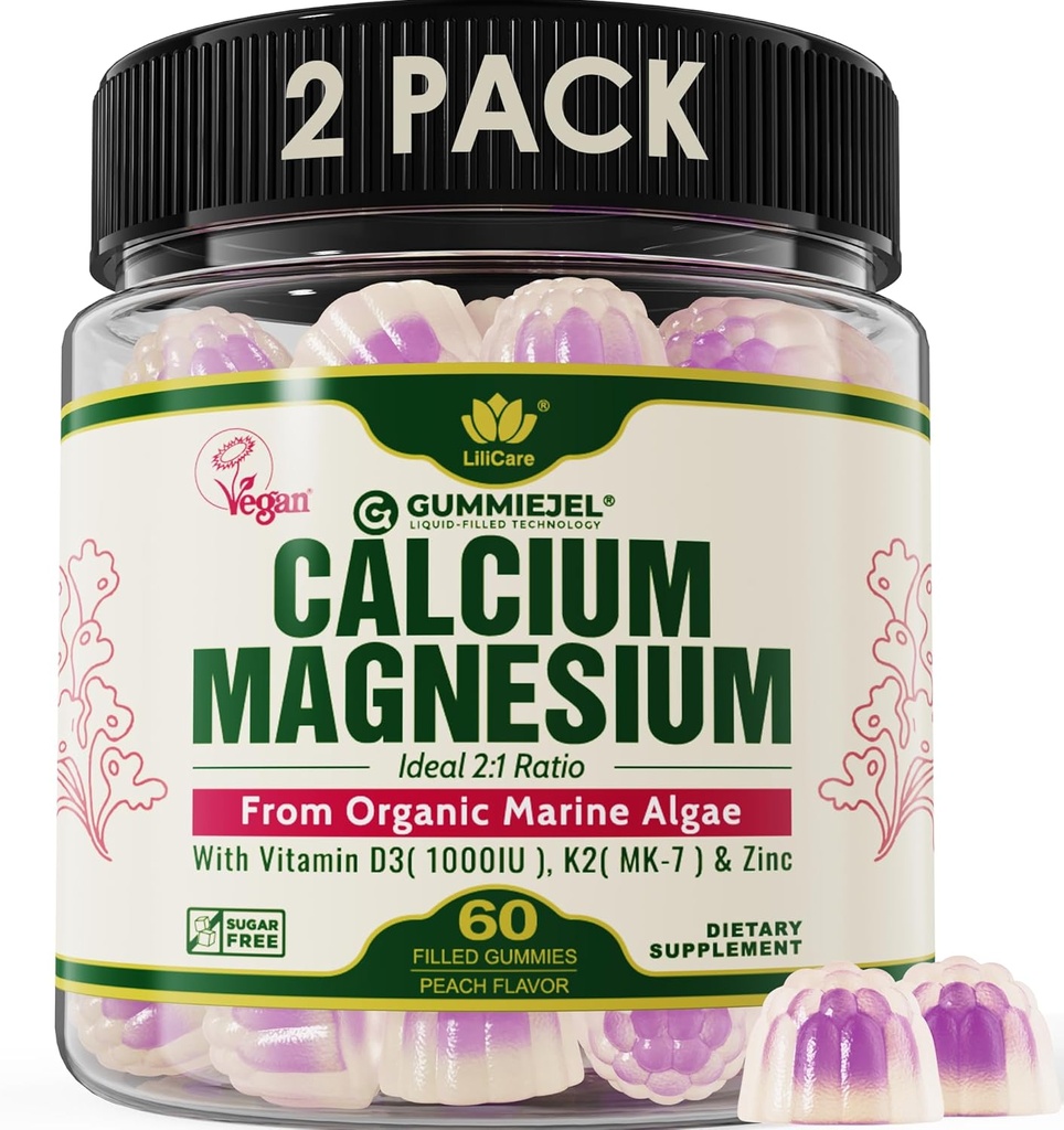 2 Pakiranje - Rastlinski kalcij Gumies 600mg z vitaminom D3 K2, Magnezij, cink za kosti moč, brez sladkorja Kalcij dopolnila za ženske in moške (Certified Vegan) iz Trajno organske rdeče alge